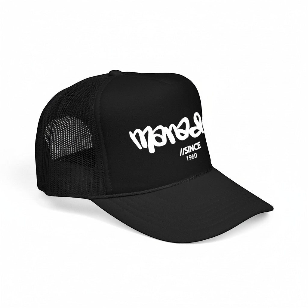 Globalfanz black trucker cap with embroidered white Maradona logo and "/since 1960" detail. Mesh back for breathability.