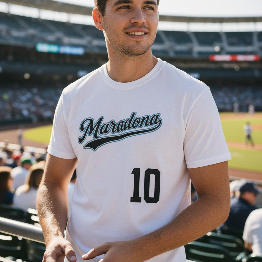 Globalfanz Maradona Baseball Dream Tee, white 100% US Cotton t-shirt with retro graphic print.