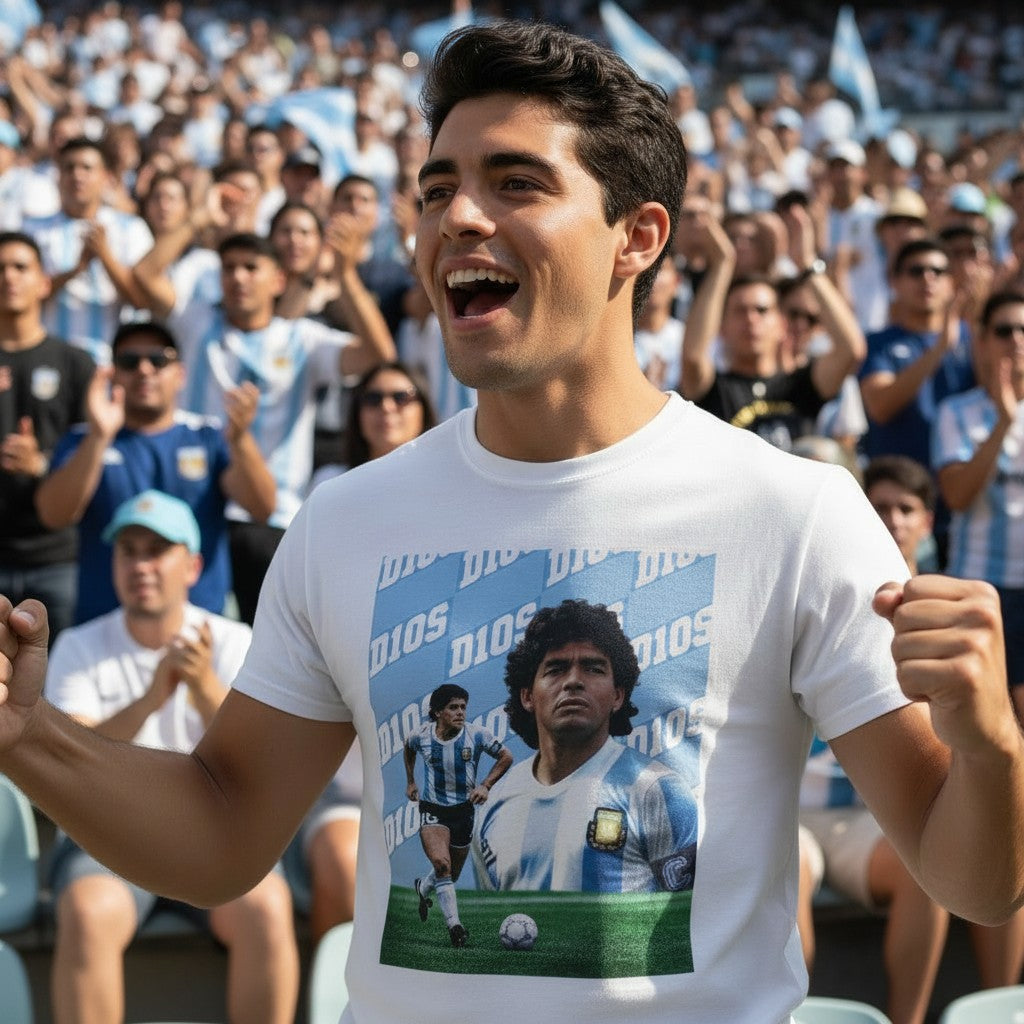 Globalfanz white 100% cotton t-shirt with a graphic print of Diego Maradona and the word DIOS repeated.