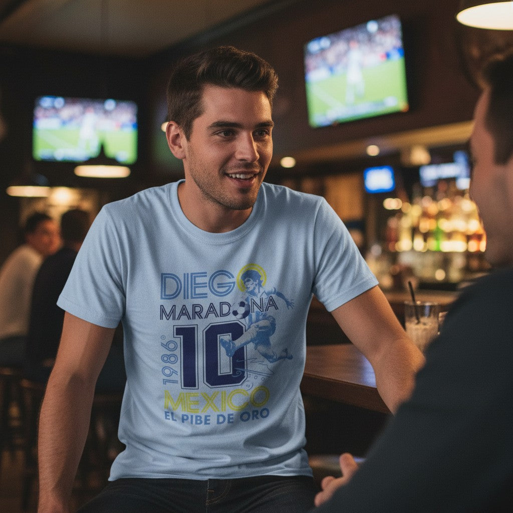 Globalfanz light blue 100% cotton t-shirt with Diego Maradona 'El Pibe De Oro' Mexico '86 graphic print.