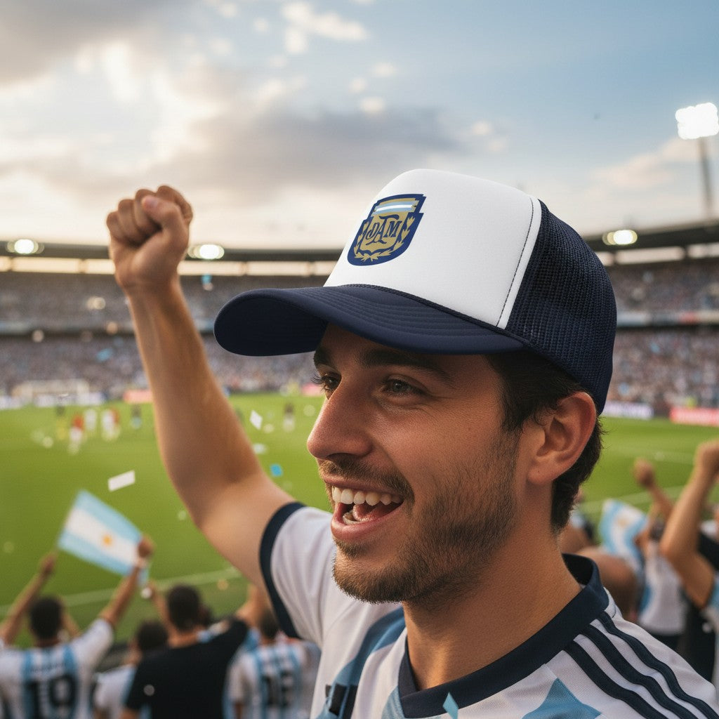 Globalfanz Diego Maradona Shield trucker cap with white foam front, navy brim, and navy mesh back. Features DAM logo.