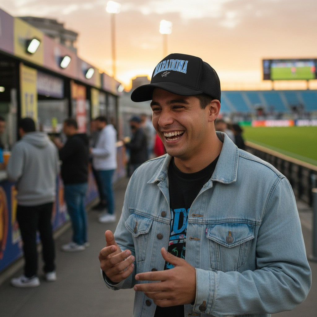 Globalfanz black polyester trucker cap with light blue 'MARADONA' text and signature.